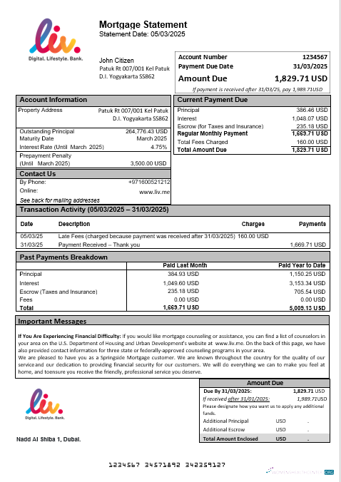 Download UAE Liv. Digital Bank mortgage statement in Word and PDF formats Photoshop template